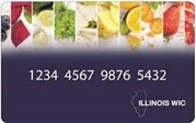 An Illinois WIC card with the number 1234 4567 9876 5432 and a colorful collage of fruits and vegetables across the top.