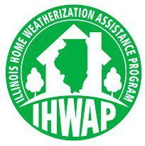 Logo for the Illinois Home Weatherization Assistance Program (IHWAP) featuring the state of Illinois superimposed on a house outline, with trees and text around the circle.