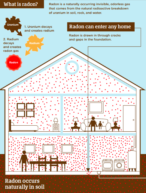 Infographic illustrating how radon gas forms from uranium decay and enters homes through foundation cracks. It shows a cross-section of a house filled with red dots representing radon, originating from the soil below and seeping into various rooms.